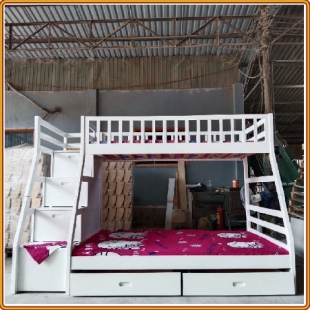 EU192 - White : Giường 2 Tầng, 2 Hộc Kéo + Cầu Thang Đảo Chiều, Giá Sách - Trên 1m / Dưới 1m4
